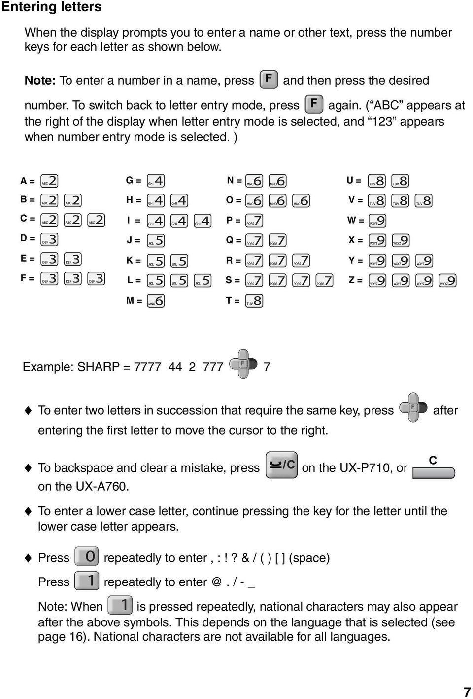 ( ABC appears at the right of the display when letter entry mode is selected, and 123 appears when number entry mode is selected.