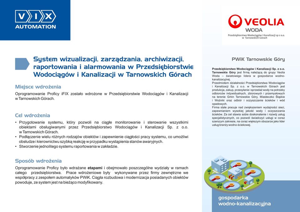 Cel wdrożenia Przygotowanie systemu, który pozwoli na ciągłe monitorowanie i sterowanie wszystkimi obiektami obsługiwanymi przez Przedsiębiorstwo Wodociągów i Kanalizacji Sp. z o.o. w Tarnowskich Górach.