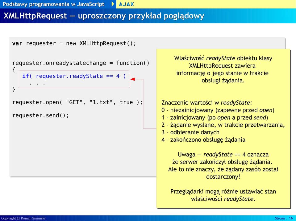 Znaczenie wartości w readystate: 0 niezainicjowany (zapewne przed open) 1 zainicjowany (po open a przed send) 2 żądanie wysłane, w trakcie przetwarzania, 3 odbieranie danych 4 zakończono