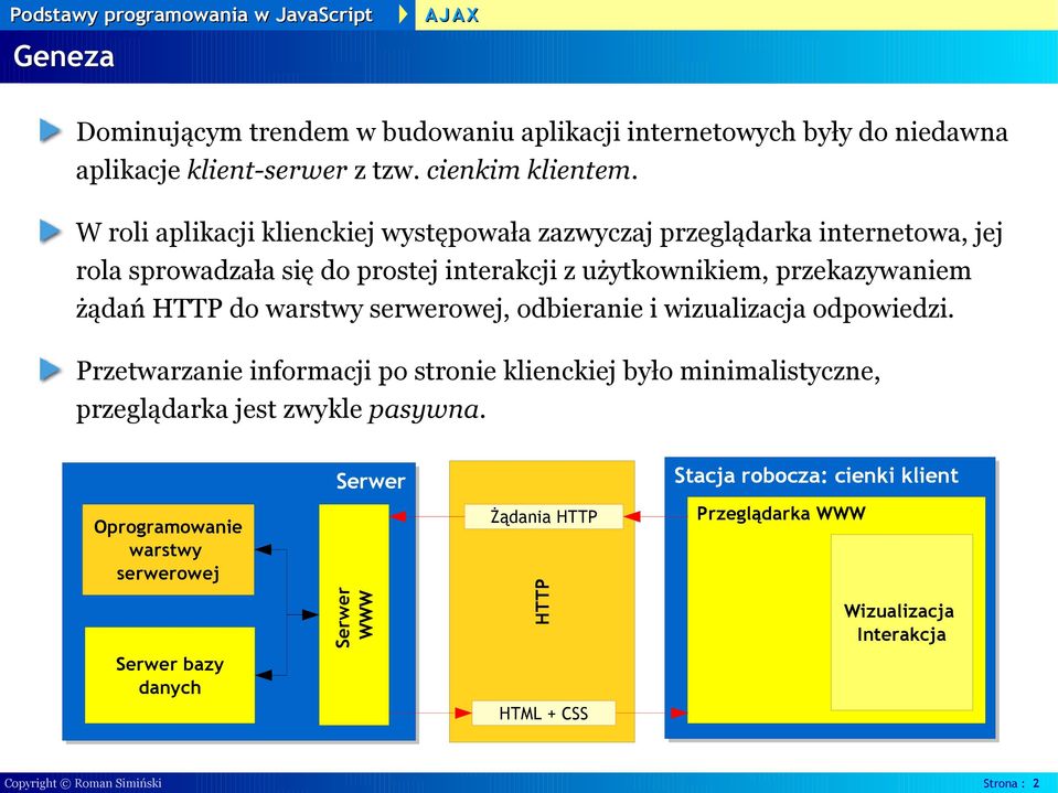 do warstwy serwerowej, odbieranie i wizualizacja odpowiedzi. Przetwarzanie informacji po stronie klienckiej było minimalistyczne, przeglądarka jest zwykle pasywna.