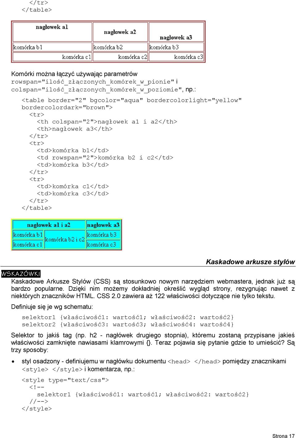 c2</td> <td>komórka b3</td> <td>komórka c1</td> <td>komórka c3</td> </table> Kaskadowe arkusze stylów Kaskadowe Arkusze Stylów (CSS) są stosunkowo nowym narzędziem webmastera, jednak już są bardzo