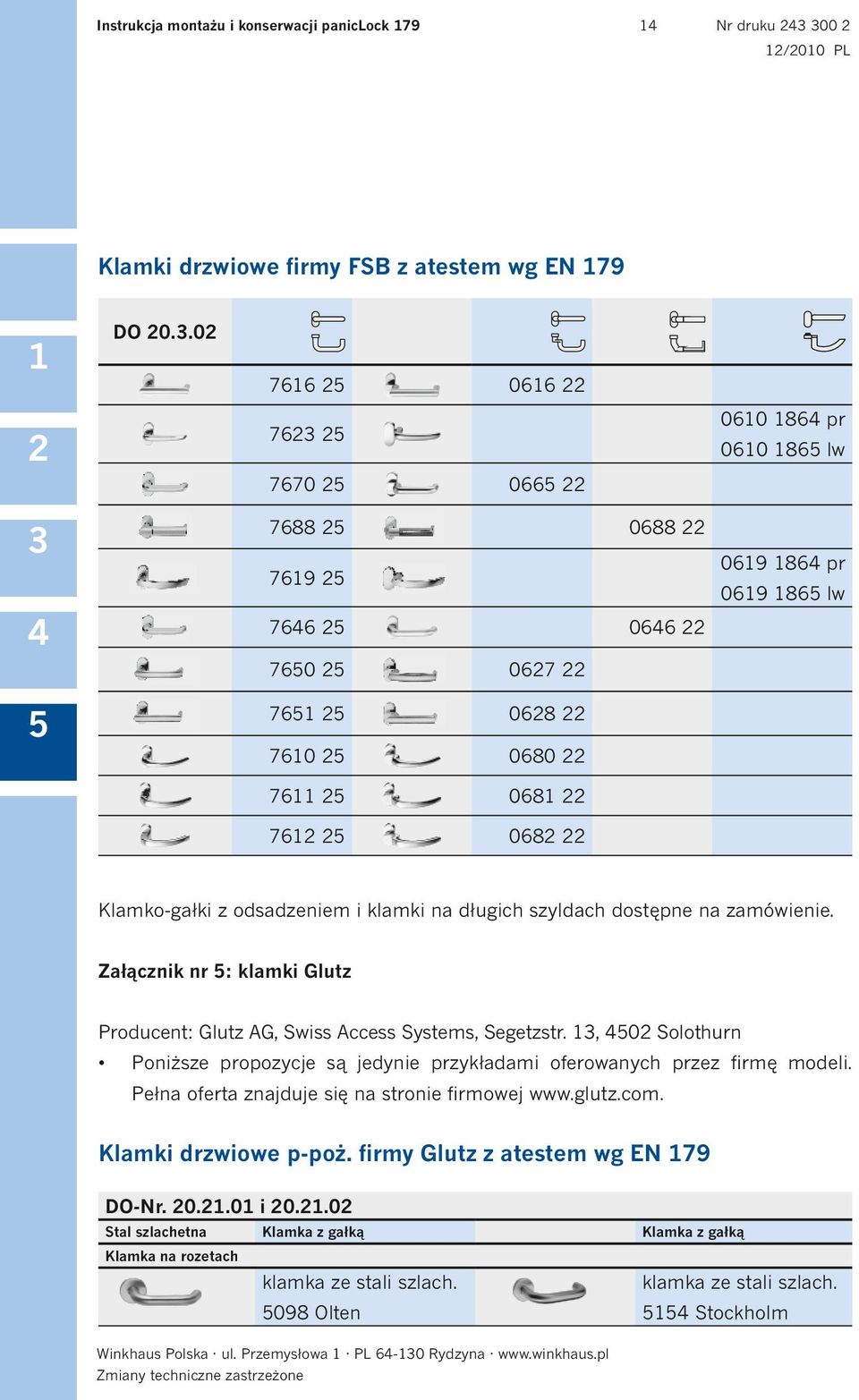 zamówienie. Załącznik nr : klamki Glutz Producent: Glutz AG, Swiss Access Systems, Segetzstr., 0 Solothurn Poniższe propozycje są jedynie przykładami oferowanych przez firmę modeli.