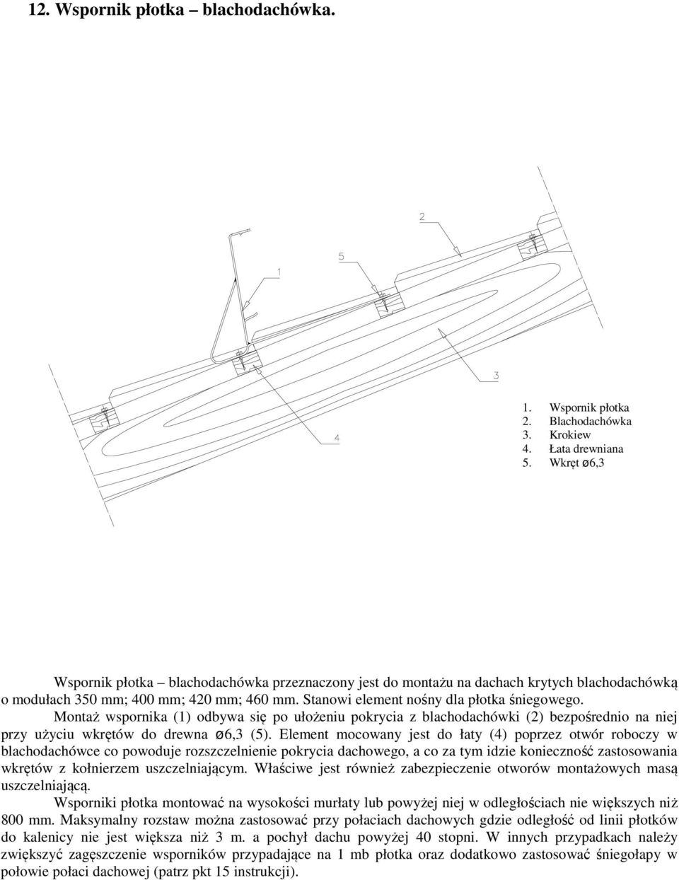 Montaż wspornika (1) odbywa się po ułożeniu pokrycia z blachodachówki (2) bezpośrednio na niej przy użyciu wkrętów do drewna ø6,3 (5).