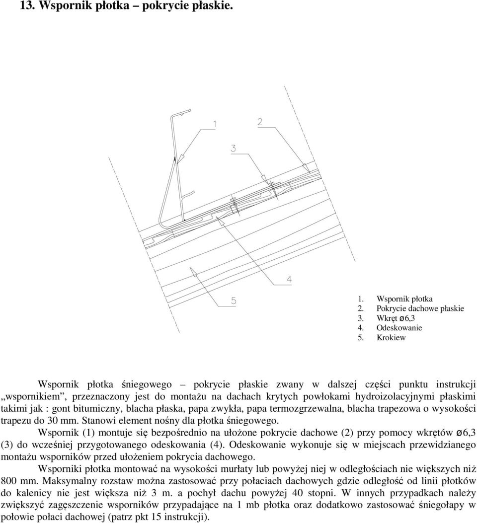 jak : gont bitumiczny, blacha płaska, papa zwykła, papa termozgrzewalna, blacha trapezowa o wysokości trapezu do 30 mm. Stanowi element nośny dla płotka śniegowego.