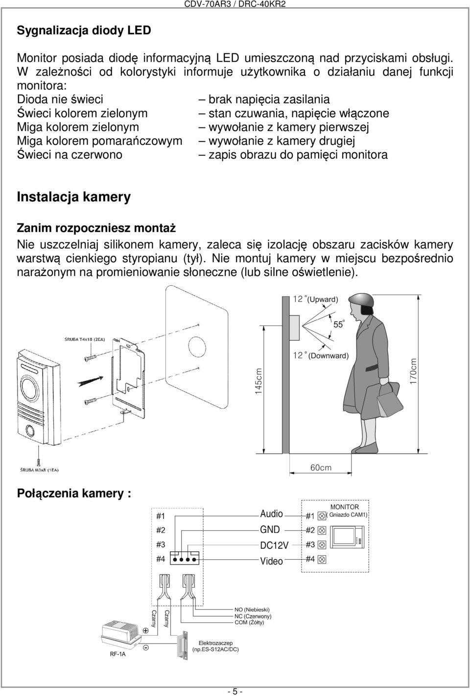 włączone Miga kolorem zielonym wywołanie z kamery pierwszej Miga kolorem pomarańczowym wywołanie z kamery drugiej Świeci na czerwono zapis obrazu do pamięci monitora Instalacja