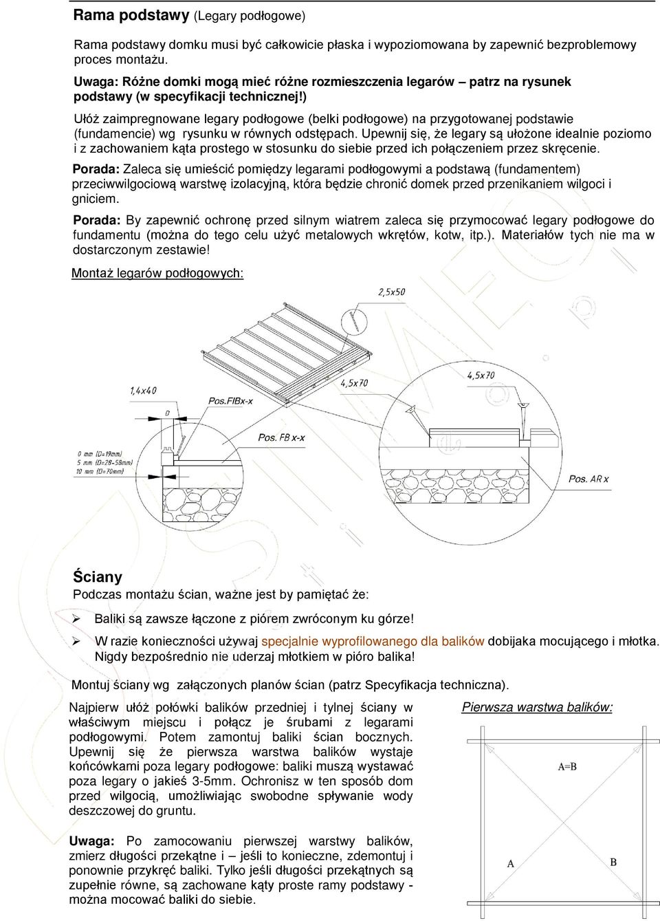 ) Ułóż zaimpregnowane legary podłogowe (belki podłogowe) na przygotowanej podstawie (fundamencie) wg rysunku w równych odstępach.