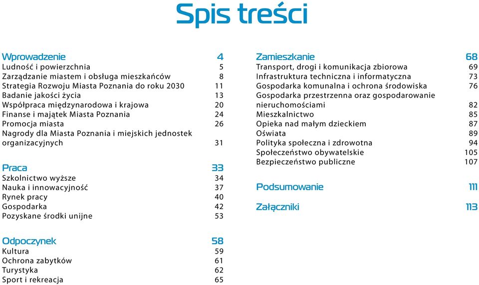 pracy 40 Gospodarka 42 Pozyskane środki unijne 53 Zamieszkanie 68 Transport, drogi i komunikacja zbiorowa 69 Infrastruktura techniczna i informatyczna 73 Gospodarka komunalna i ochrona środowiska 76