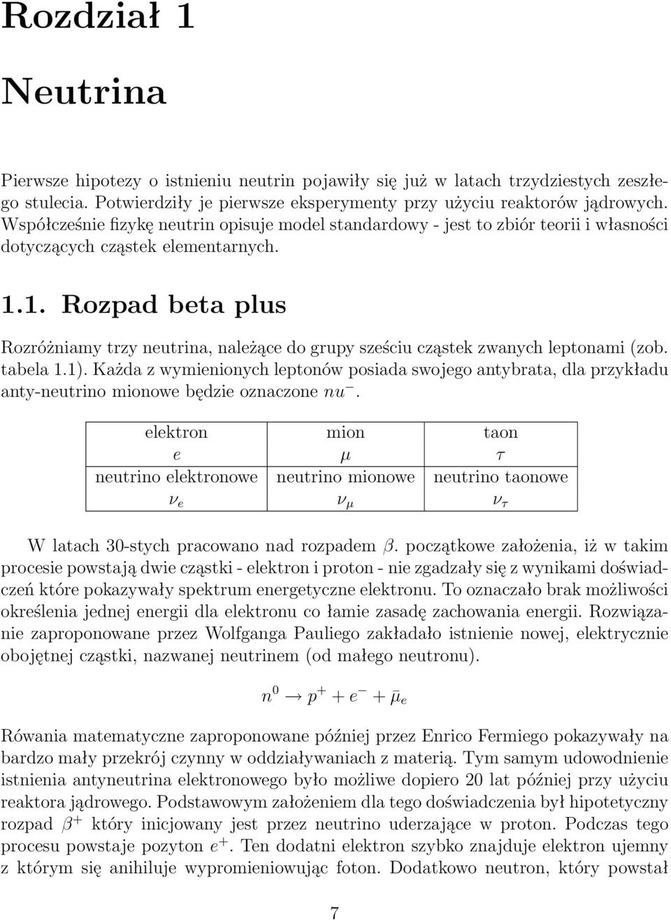 1. Rozpad beta plus Rozróżniamy trzy neutrina, należące do grupy sześciu cząstek zwanych leptonami (zob. tabela 1.1).