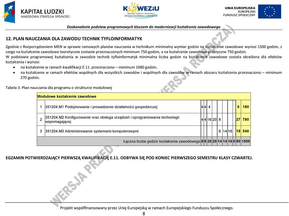 W podstawie programowej kształcenia w zawodzie technik tyfloinformatyk minimalna liczba godzin na kształcenie zawodowe została określona dla efektów kształcenia i wynosi: na kształcenie w ramach