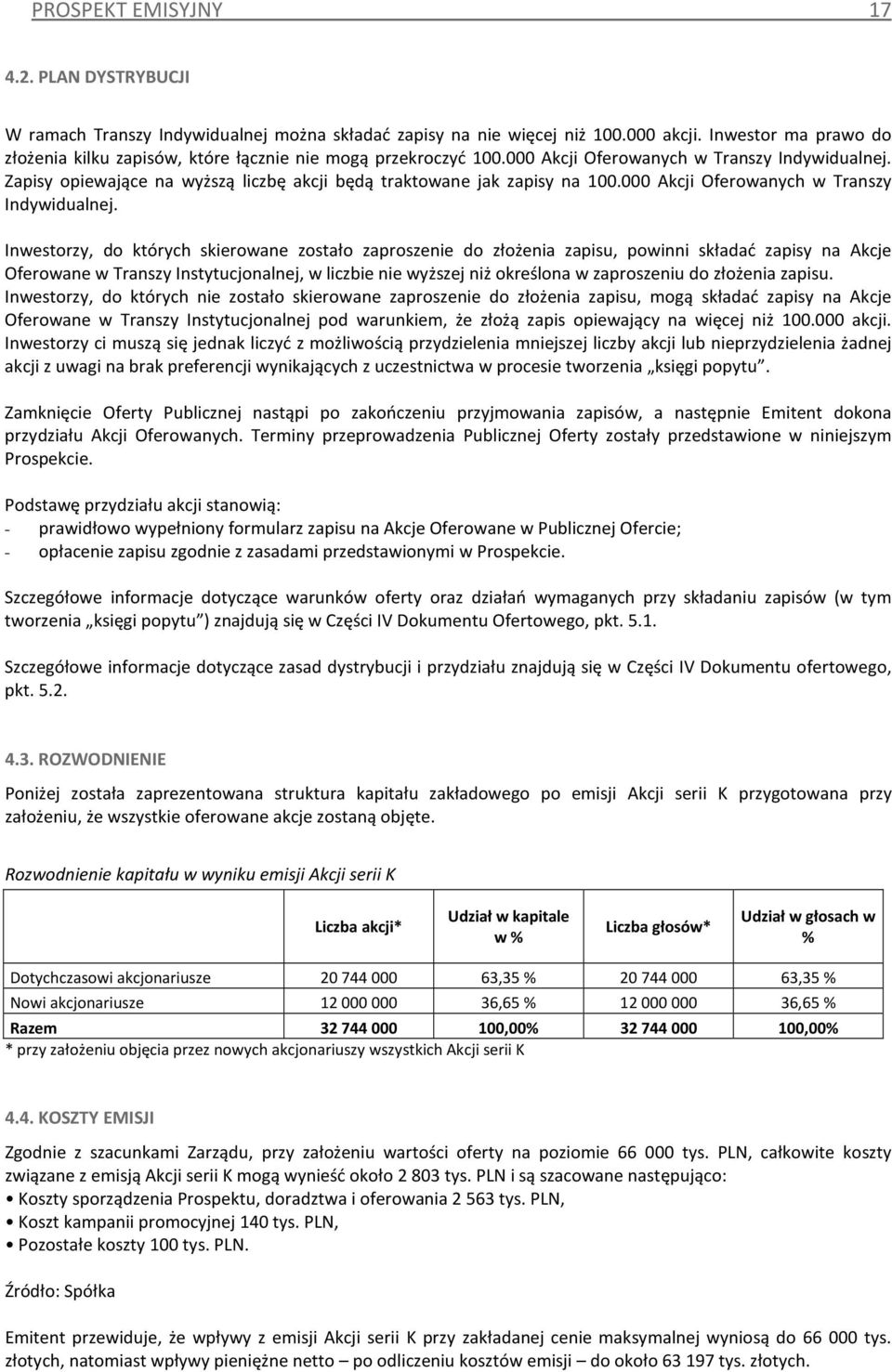 Zapisy opiewające na wyższą liczbę akcji będą traktowane jak zapisy na 100.000 Akcji Oferowanych w Transzy Indywidualnej.