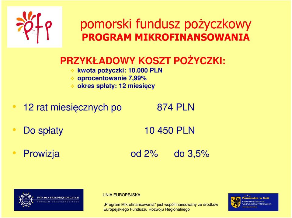 spłaty 874 PLN 10 450 PLN Prowizja od 2% do 3,5% UNIA EUROPEJSKA Program