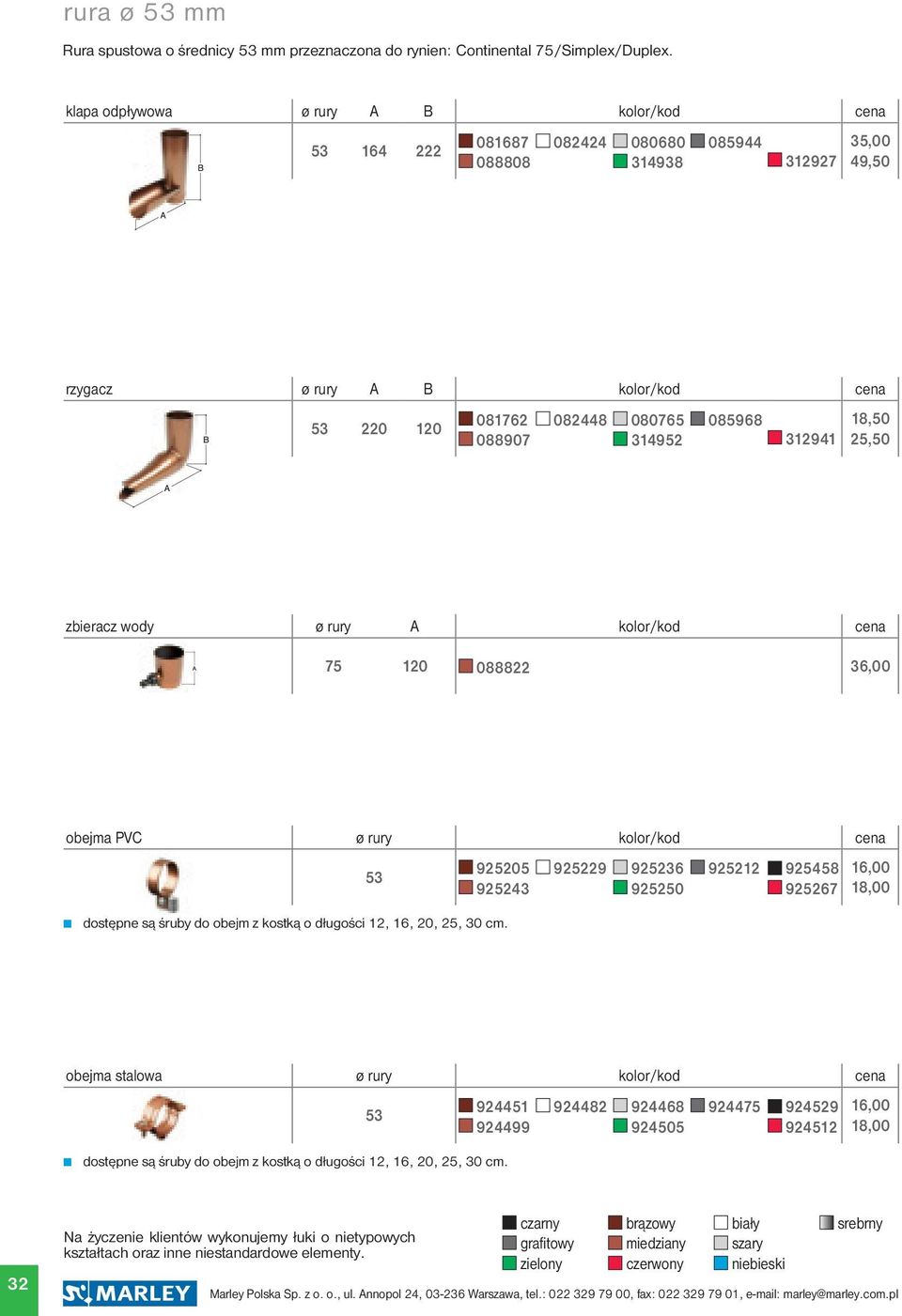 080765 314952 085968 312941 18,50 25,50 zbieracz wody ø rury A kolor/kod cena 75 120 088822 36,00 obejma PVC ø rury kolor/kod cena 53 925205 925243 dostępne są śruby do obejm z