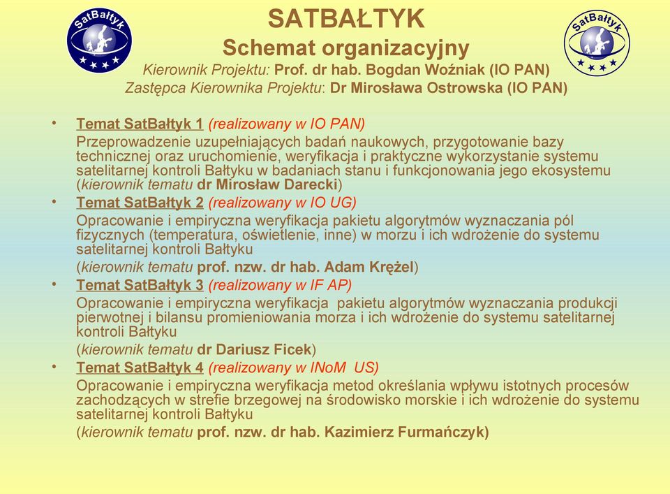 technicznej oraz uruchomienie, weryfikacja i praktyczne wykorzystanie systemu satelitarnej kontroli Bałtyku w badaniach stanu i funkcjonowania jego ekosystemu (kierownik tematu dr Mirosław Darecki)