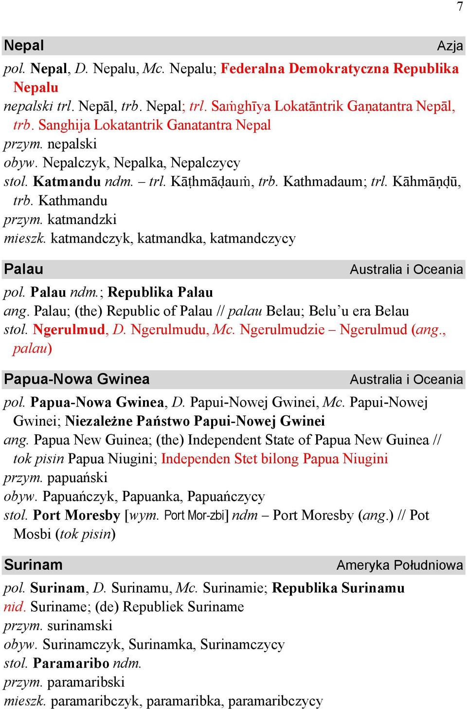 katmandczyk, katmandka, katmandczycy Palau Australia i Oceania pol. Palau ndm.; Republika Palau ang. Palau; (the) Republic of Palau // palau Belau; Belu u era Belau stol. Ngerulmud, D. Ngerulmudu, Mc.