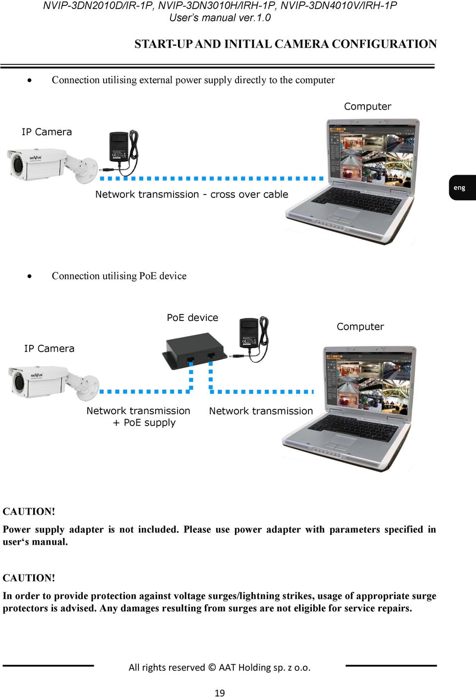 cable Connection utilising PoE device PoE device Computer IP Camera Network transmission + PoE supply Network transmission CAUTION! Power supply adapter is not included.