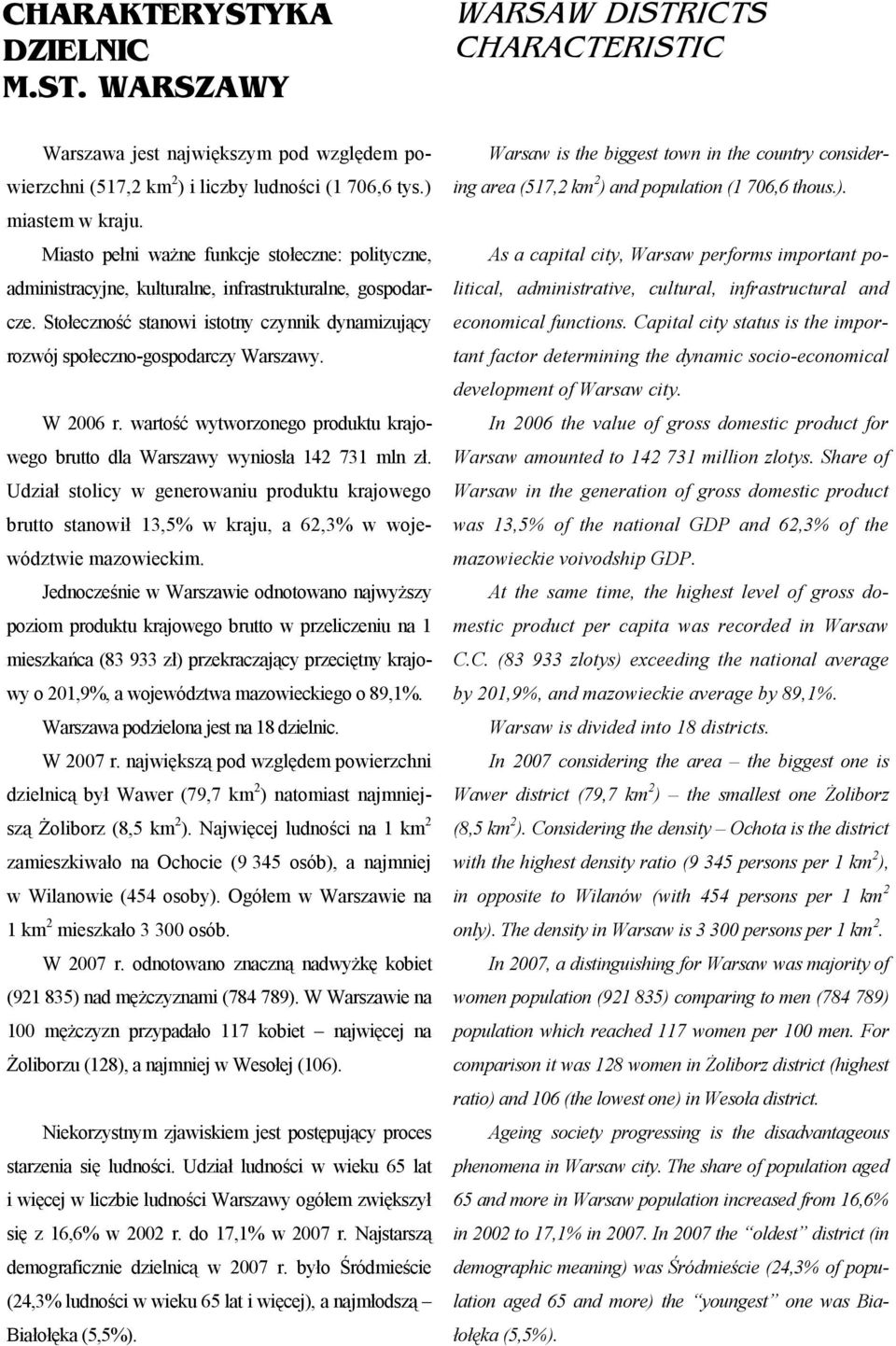 W 2006 r. wartość wytworzonego produktu krajowego brutto dla Warszawy wyniosła 142 731 mln zł.