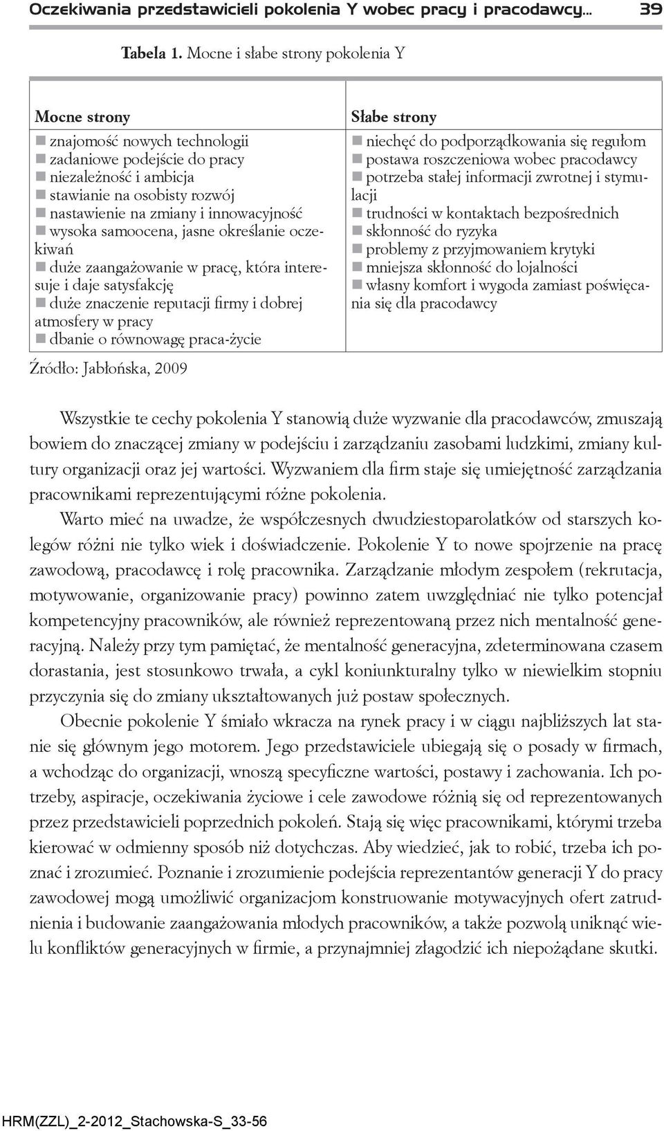 wysoka samoocena, jasne określanie oczekiwań duże zaangażowanie w pracę, która interesuje i daje satysfakcję duże znaczenie reputacji firmy i dobrej atmosfery w pracy dbanie o równowagę praca-życie