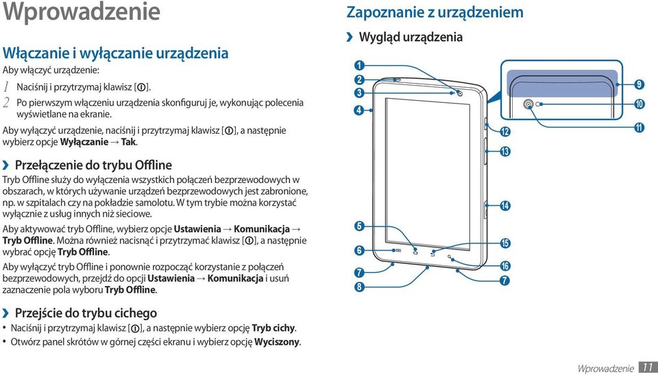 ], a następnie Przełączenie do trybu Offline Tryb Offline służy do wyłączenia wszystkich połączeń bezprzewodowych w obszarach, w których używanie urządzeń bezprzewodowych jest zabronione, np.