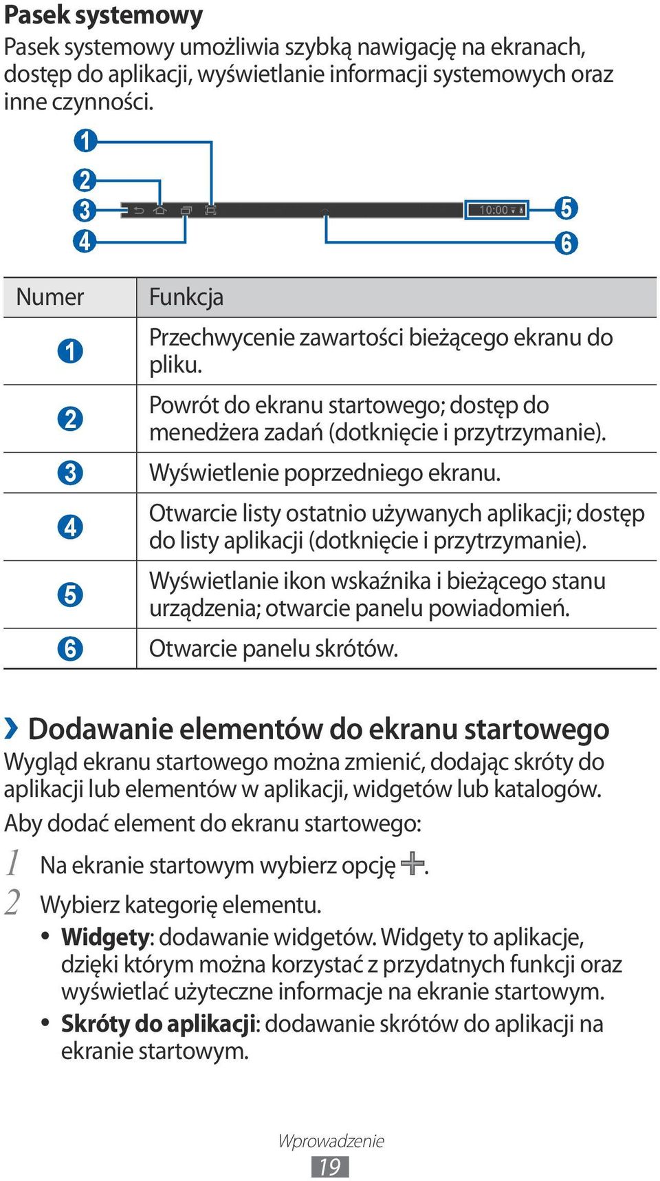 4 5 Otwarcie listy ostatnio używanych aplikacji; dostęp do listy aplikacji (dotknięcie i przytrzymanie). Wyświetlanie ikon wskaźnika i bieżącego stanu urządzenia; otwarcie panelu powiadomień.