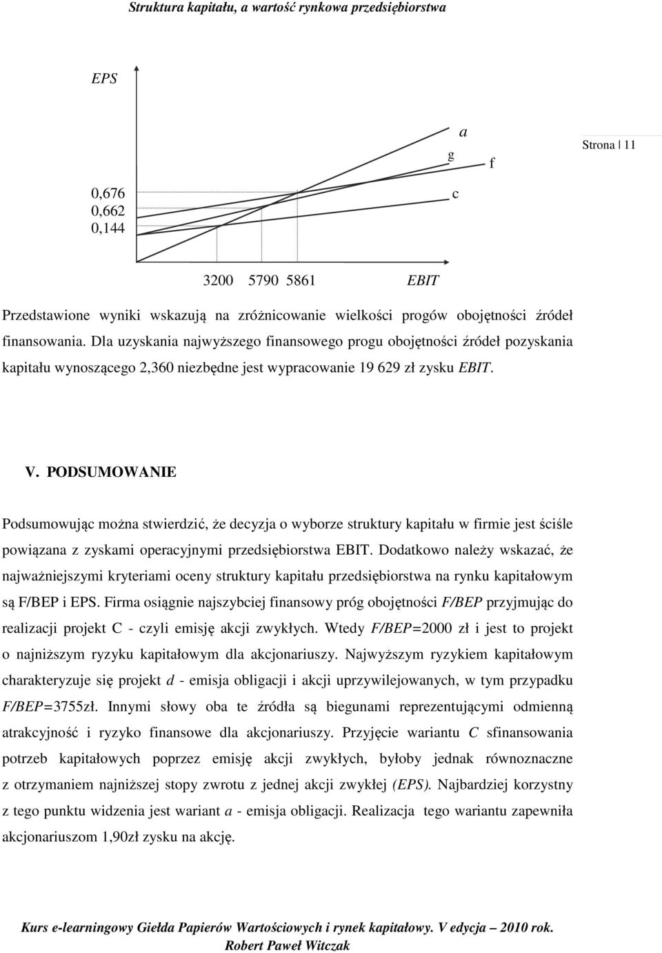 PODSUMOWANIE Podsumowując możn stwierdzić, że decyzj o wyborze struktury kpitłu w firmie jest ściśle powiązn z zyskmi opercyjnymi przedsiębiorstw EBIT.