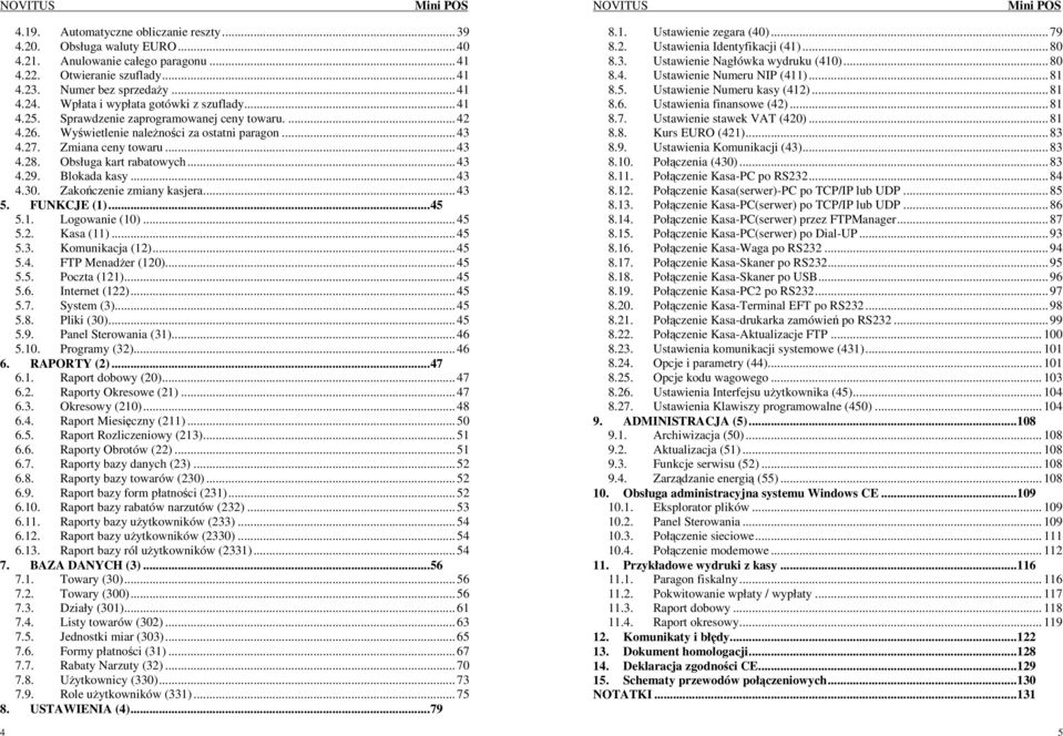 Obsługa kart rabatowych... 43 4.29. Blokada kasy... 43 4.30. Zakończenie zmiany kasjera... 43 5. FUNKCJE (1)...45 5.1. Logowanie (10)... 45 5.2. Kasa (11)... 45 5.3. Komunikacja (12)... 45 5.4. FTP MenadŜer (120).