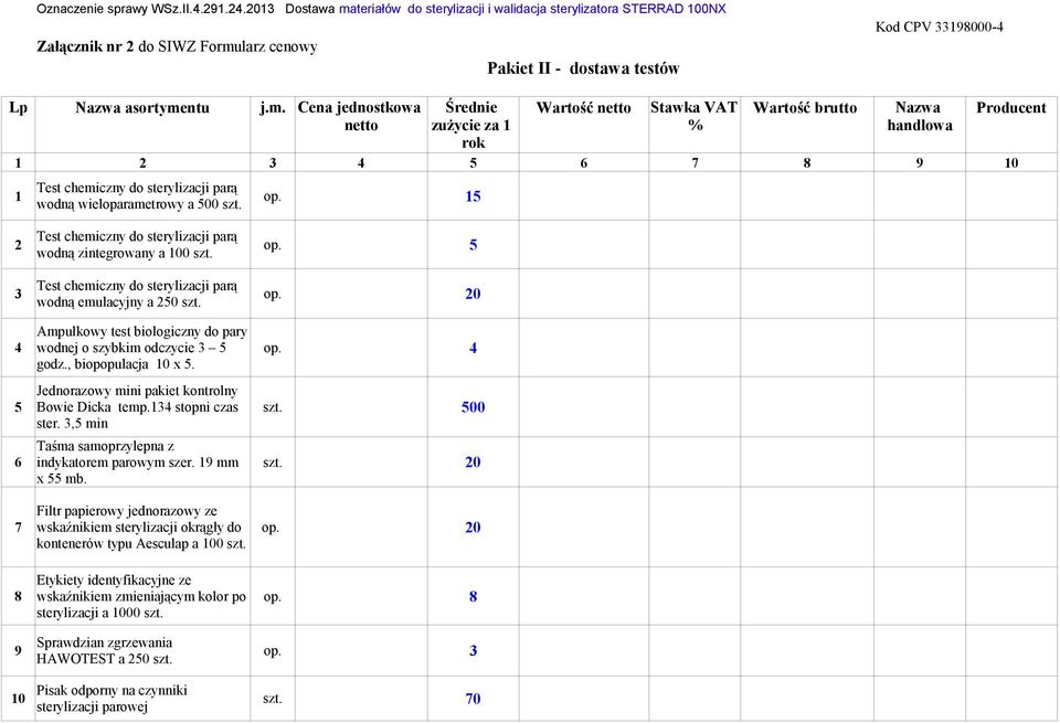 Cena jednostkowa Średnie Wartość netto Stawka VAT Wartość brutto Nazwa Producent netto zużycie za 1 % handlowa rok 1 2 3 4 5 6 7 8 9 10 1 Test chemiczny do sterylizacji parą wodną wieloparametrowy a