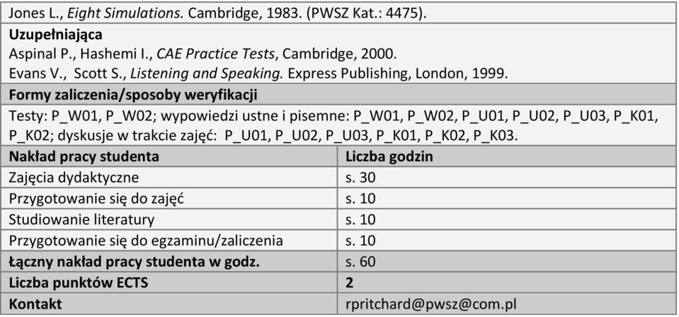 Formy zaliczenia/sposoby weryfikacji Testy: P_W01, P_W02; wypowiedzi ustne i pisemne: P_W01, P_W02, P_U01, P_U02, P_U03, P_K01, P_K02; dyskusje w trakcie zajęć: P_U01,