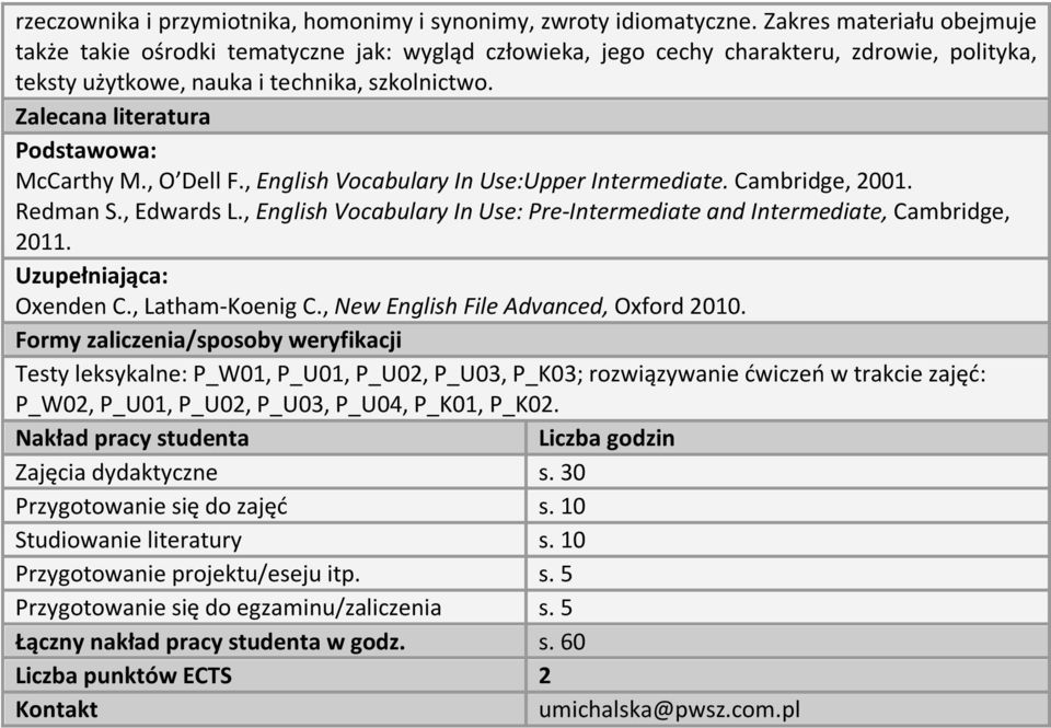 Zalecana literatura Podstawowa: McCarthy M., O Dell F., English Vocabulary In Use:Upper Intermediate. Cambridge, 2001. Redman S., Edwards L.