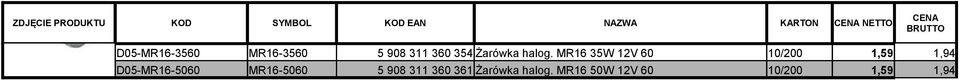 MR16 35W 12V 60 10/200 1,59 1,94 D05-MR16-5060 MR16-5060 5