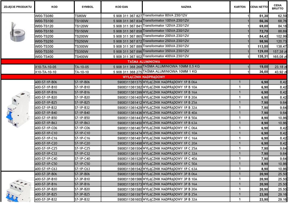 865 Transformator 200VA 230/12V 1 84,42 102,99 W00-TS250 TS250W 5 908 311 367 872 Transformator 250VA 230/12V 1 98,96 120,73 W00-TS300 TS300W 5 908 311 367 889 Transformator 300VA 230/12V 1 113,50