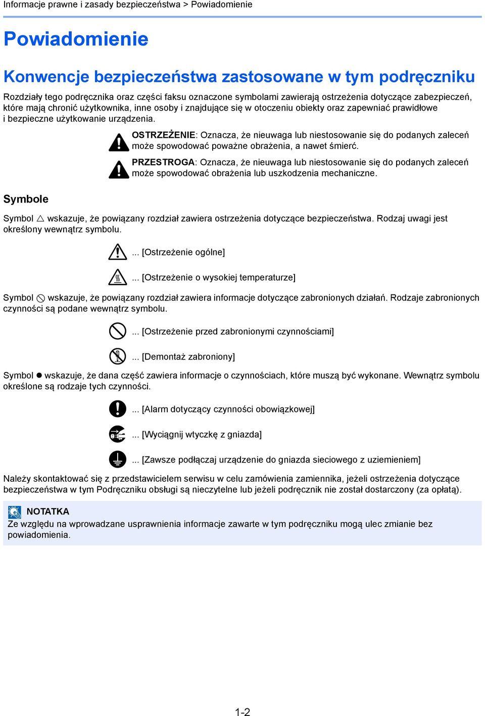 OSTRZEŻENIE: Oznacza, że nieuwaga lub niestosowanie się do podanych zaleceń może spowodować poważne obrażenia, a nawet śmierć.