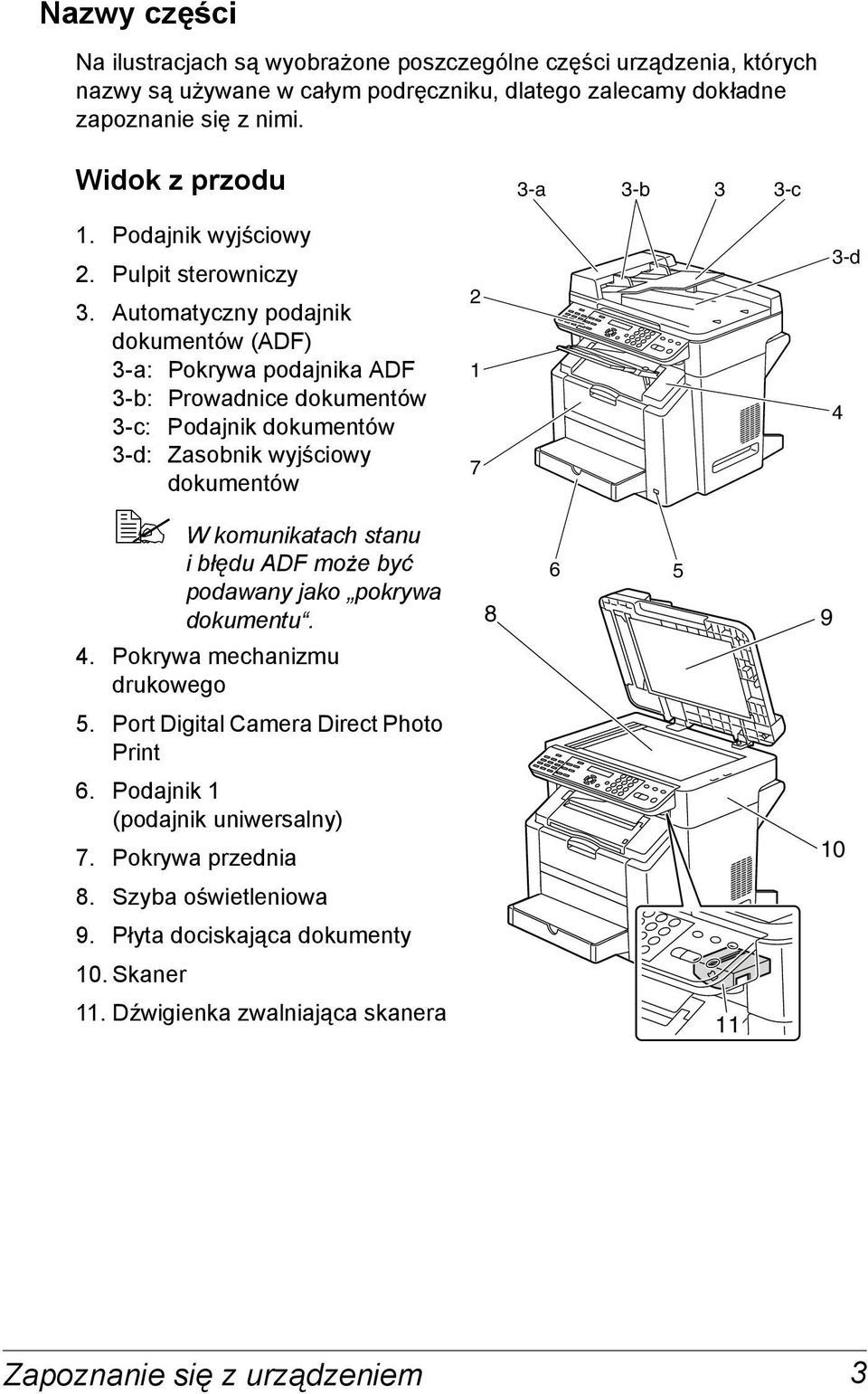 Automatyczny podajnik dokumentów (ADF) 3-a: Pokrywa podajnika ADF 3-b: Prowadnice dokumentów 3-c: Podajnik dokumentów 3-d: Zasobnik wyjściowy dokumentów W komunikatach stanu i błędu ADF może