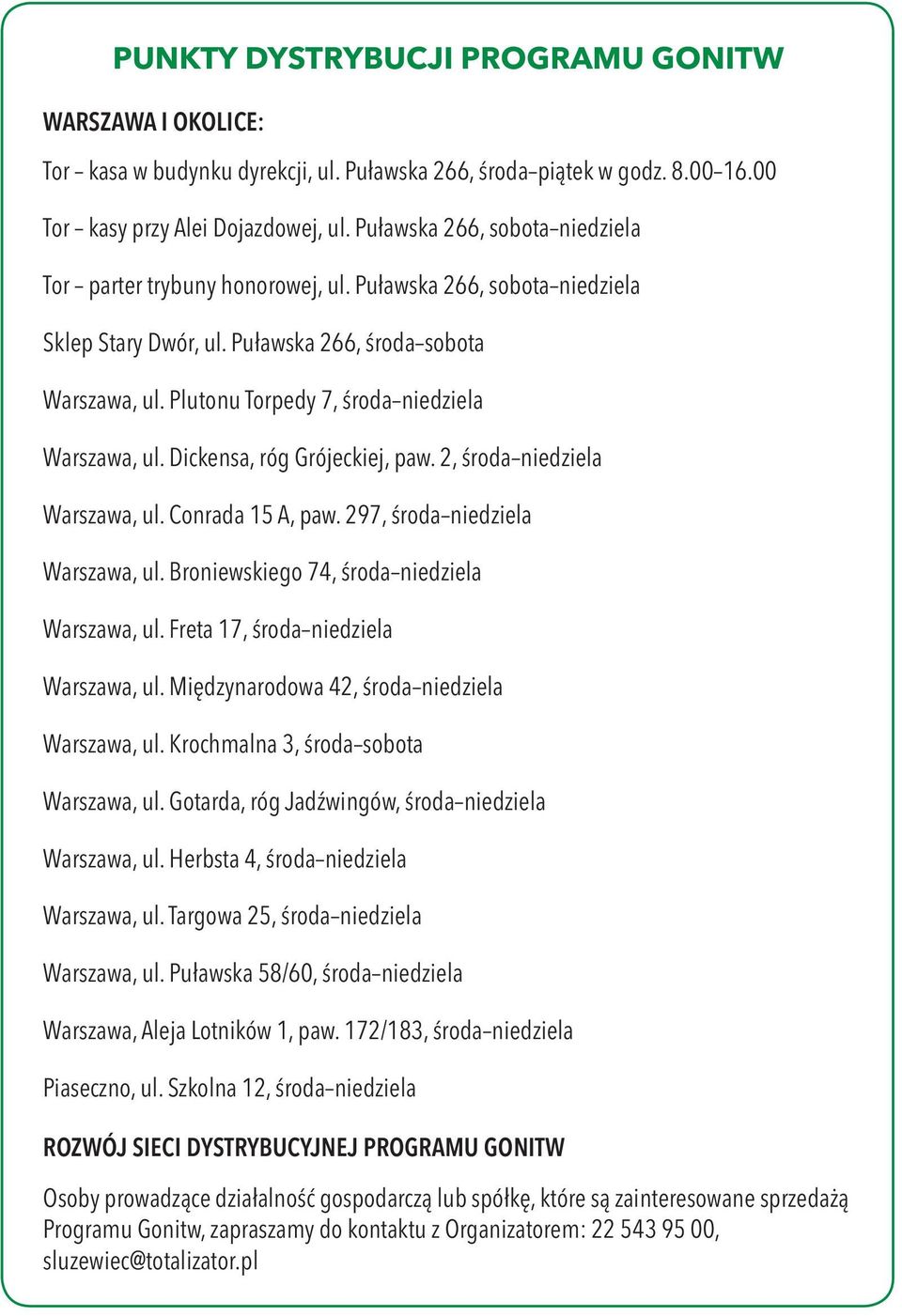 Plutonu Torpedy 7, środa niedziela Warszawa, ul. Dickensa, róg Grójeckiej, paw. 2, środa niedziela Warszawa, ul. Conrada 15 A, paw. 297, środa niedziela Warszawa, ul.