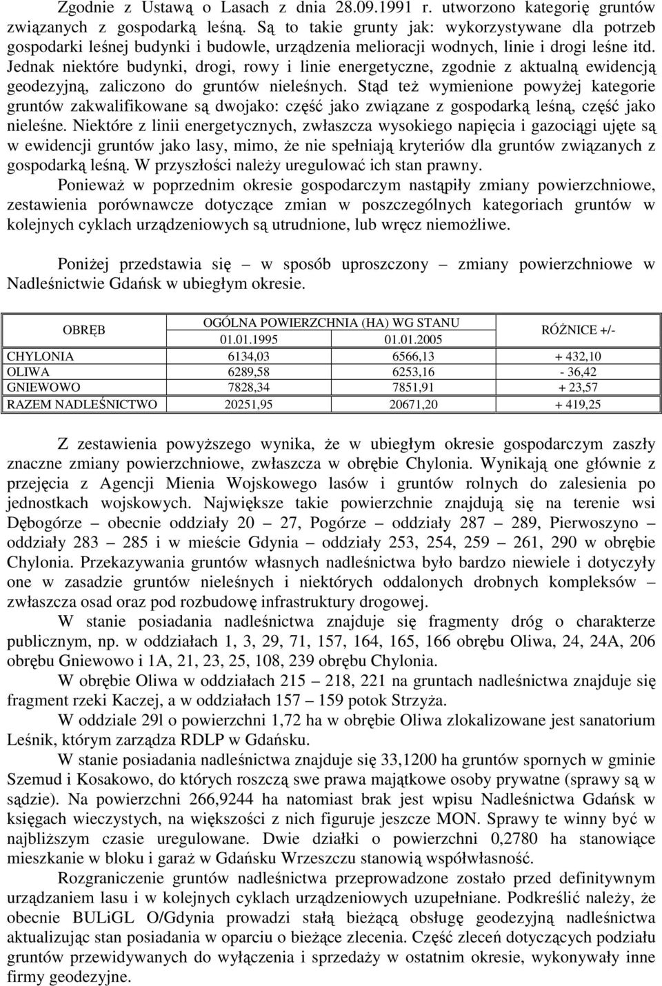 Jednak niektóre budynki, drogi, rowy i linie energetyczne, zgodnie z aktualną ewidencją geodezyjną, zaliczono do gruntów nieleśnych.