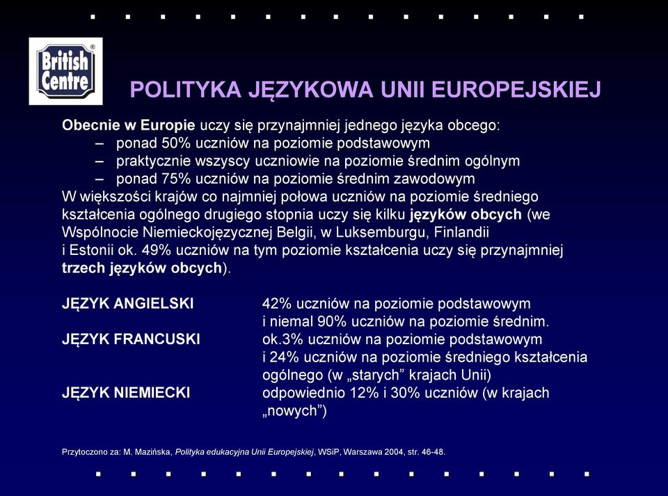 Niemieckojęzycznej Belgii, w Luksemburgu, Finlandii i Estonii ok. 49% uczniów na tym poziomie kształcenia uczy się przynajmniej trzech języków obcych).