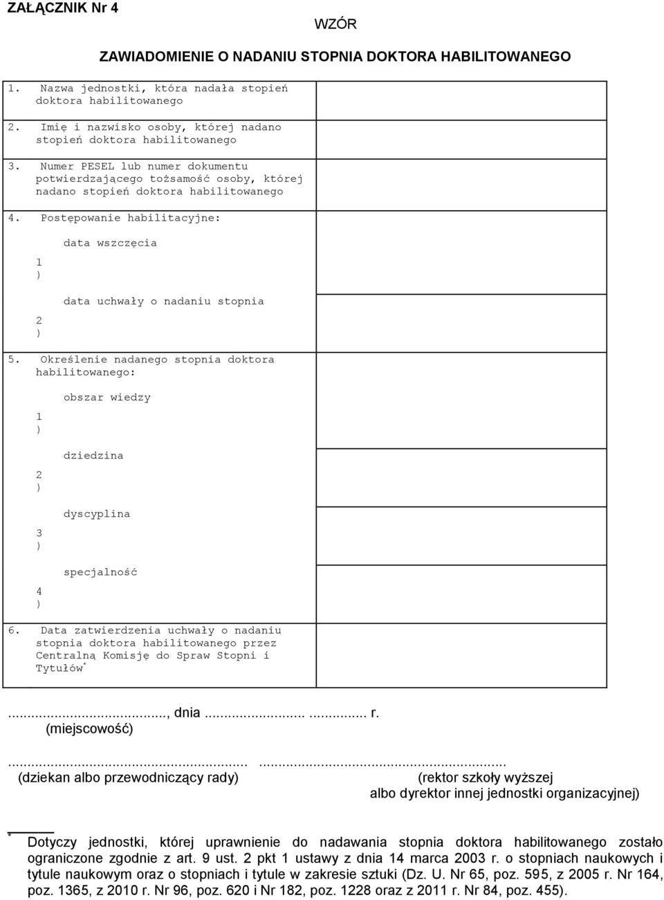 Postępowanie habilitacyjne: 1 2 data wszczęcia data uchwały o nadaniu stopnia 5. Określenie nadanego stopnia doktora habilitowanego: 1 2 3 4 obszar wiedzy dziedzina dyscyplina specjalność 6.