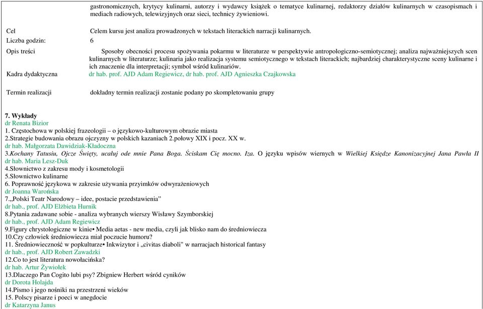 Liczba godzin: 6 Opis treści Sposoby obecności procesu spoŝywania pokarmu w literaturze w perspektywie antropologiczno-semiotycznej; analiza najwaŝniejszych scen kulinarnych w literaturze; kulinaria