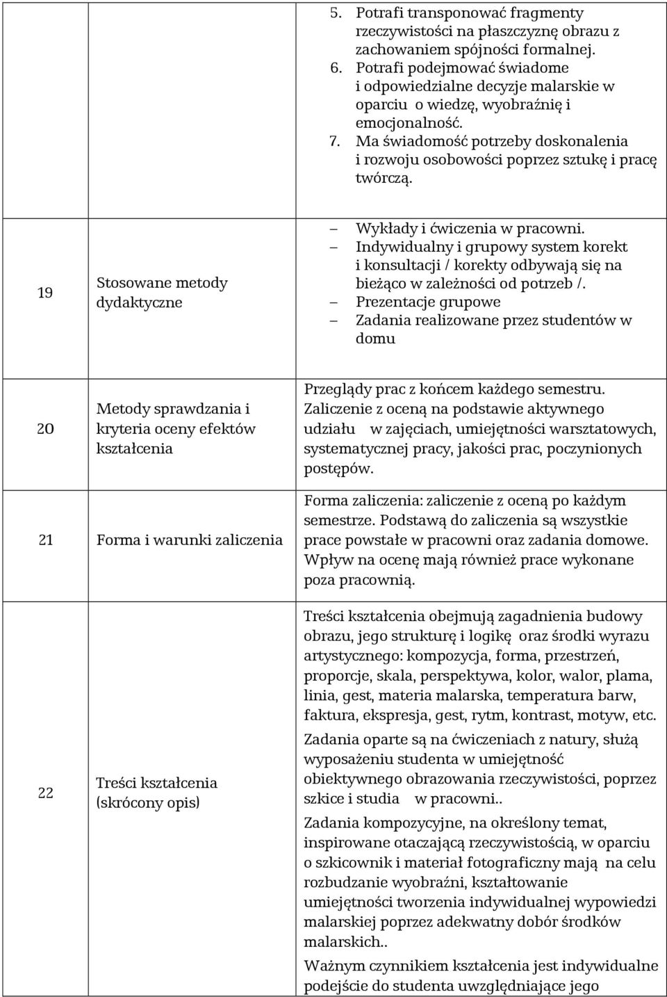 Ma świadomość potrzeby doskonalenia i rozwoju osobowości poprzez sztukę i pracę twórczą. 19 Stosowane metody dydaktyczne Wykłady i ćwiczenia w pracowni.