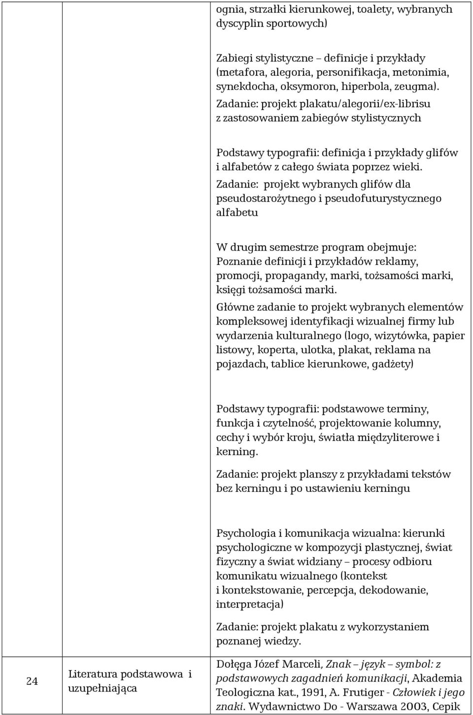 Zadanie: projekt wybranych glifów dla pseudostarożytnego i pseudofuturystycznego alfabetu W drugim semestrze program obejmuje: Poznanie definicji i przykładów reklamy, promocji, propagandy, marki,