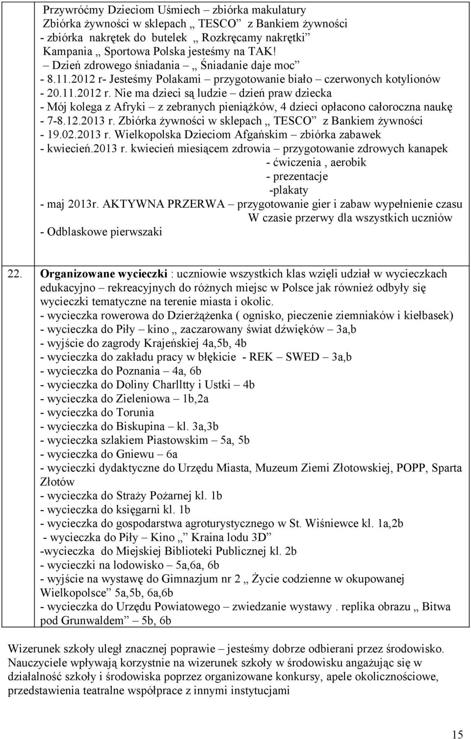 12.2013 r. Zbiórka żywności w sklepach TESCO z Bankiem żywności - 19.02.2013 r. Wielkopolska Dzieciom Afgańskim zbiórka zabawek - kwiecień.2013 r. kwiecień miesiącem zdrowia przygotowanie zdrowych kanapek - ćwiczenia, aerobik - prezentacje -plakaty - maj 2013r.