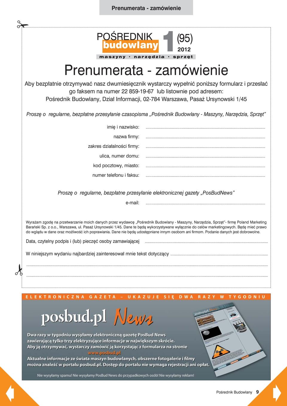 Budowlany - Maszyny, Narz dzia, Sprz t imi i nazwisko:... nazwa firmy:... zakres dzia alnoêci firmy:... ulica, numer domu:... kod pocztowy, miasto:... numer telefonu i faksu:.