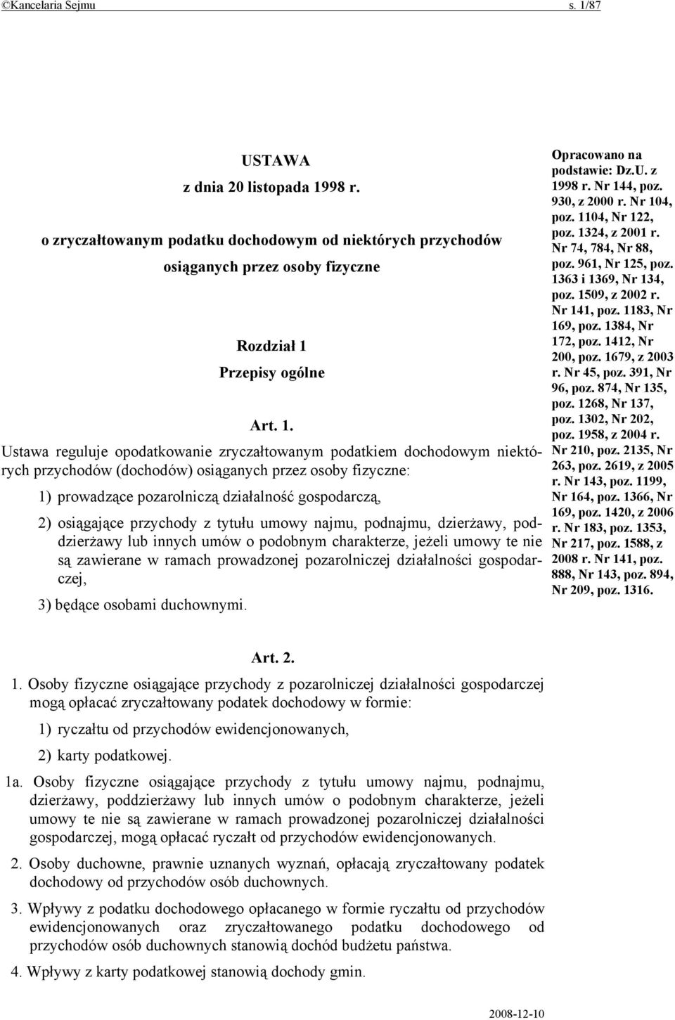 98 r. o zryczałtowanym podatku dochodowym od niektórych przychodów osiąganych przez osoby fizyczne Rozdział 1 