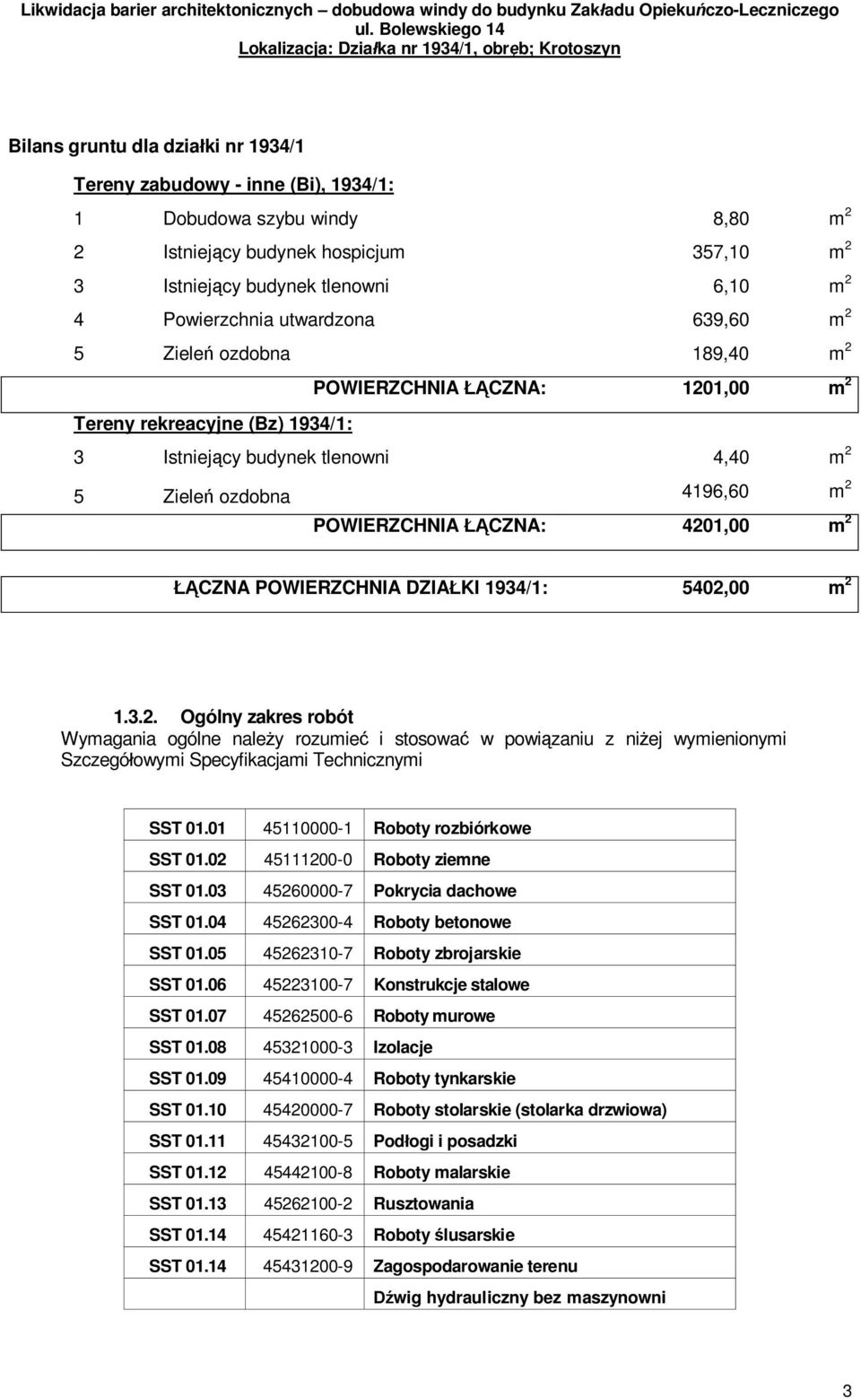 POWIERZCHNIA CZNA: 4201,00 m 2 CZNA POWIERZCHNIA DZIA KI 1934/1: 5402,00 m 2 1.3.2. Ogólny zakres robót Wymagania ogólne nale y rozumie i stosowa w powi zaniu z ni ej wymienionymi Szczegó owymi Specyfikacjami Technicznymi SST 01.