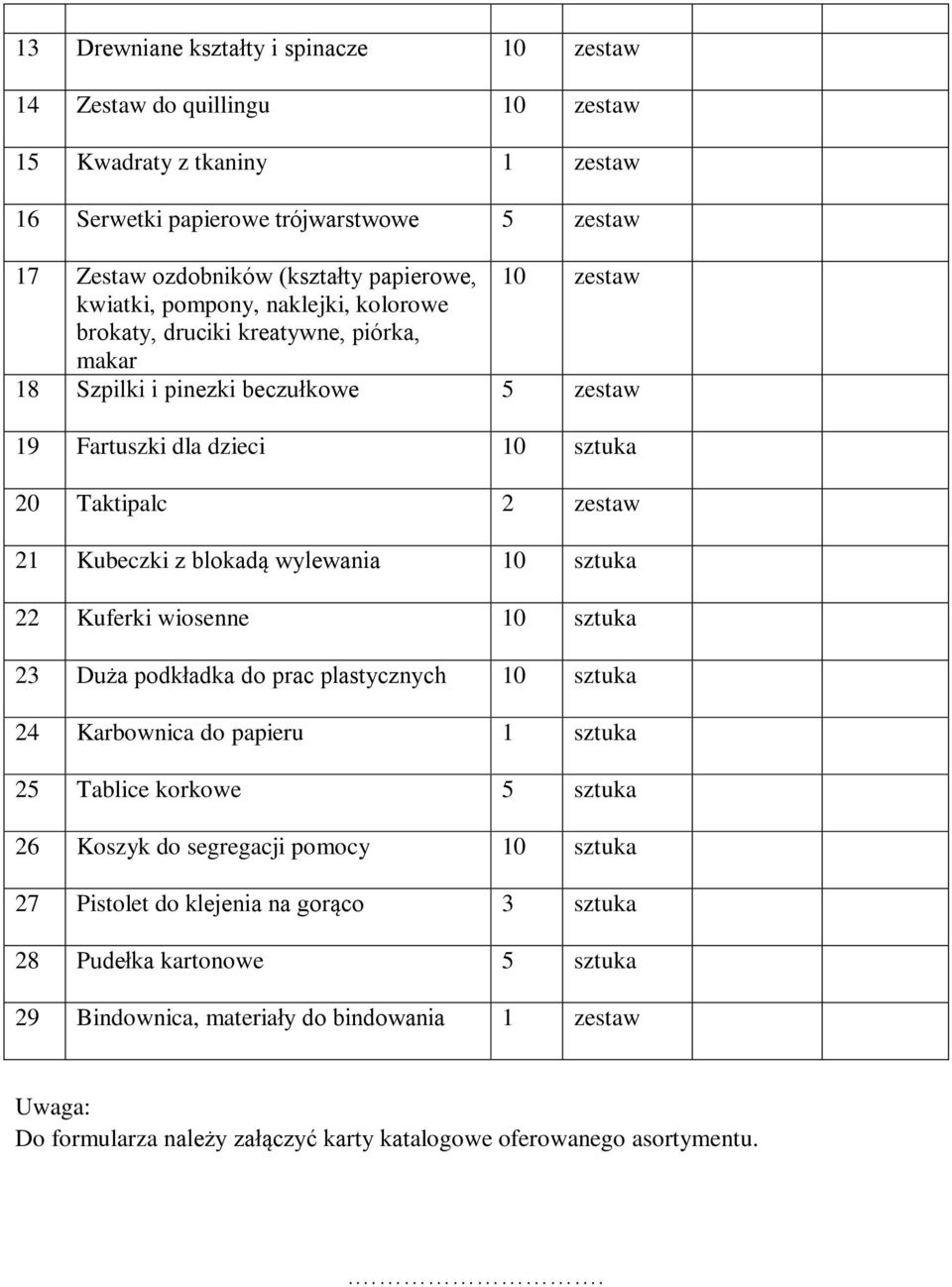 blokadą wylewania 10 sztuka 22 Kuferki wiosenne 10 sztuka 23 Duża podkładka do prac plastycznych 10 sztuka 24 Karbownica do papieru 1 sztuka 25 Tablice korkowe 5 sztuka 26 Koszyk do segregacji pomocy