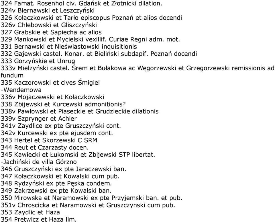 Curiae Regni adm. mot. 331 Bernawski et Nieświastowski inquisitionis 332 Gajewski castel. Konar. et Bieliński subdapif. Poznań docendi 333 Gorzyńskie et Unrug 333v Mielżyński castel.