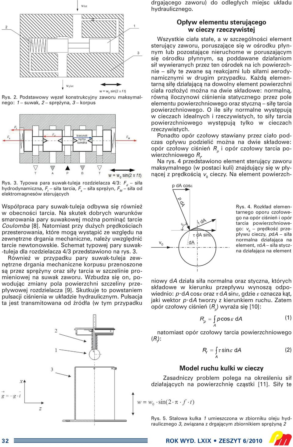 Typowa para suwak-tuleja rozdzielacza 4/3: F d si a hydrodynamiczna, F t si a tarcia, F s si a spr yn, F M si a od elektromagnesów sterujàcych Wspó praca pary suwak-tuleja odbywa si równie w