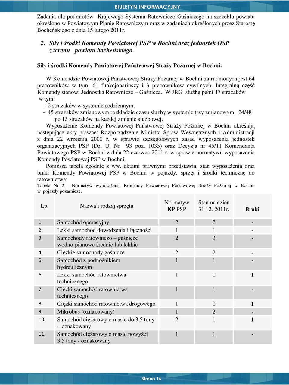 W Komendzie Powiatowej Państwowej StraŜy PoŜarnej w Bochni zatrudnionych jest 64 pracowników w tym: 61 funkcjonariuszy i 3 pracowników cywilnych.