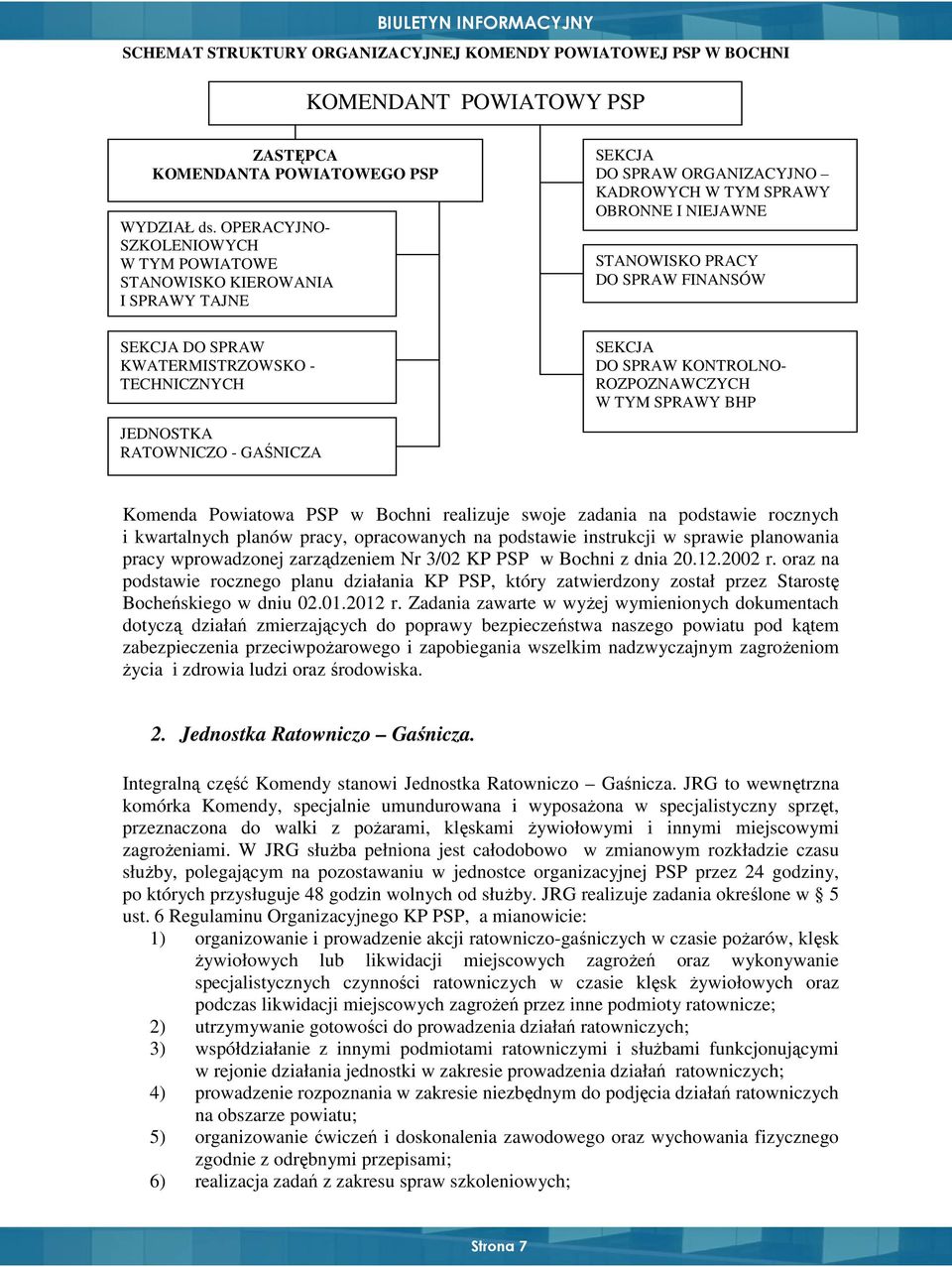 STANOWISKO PRACY DO SPRAW FINANSÓW SEKCJA DO SPRAW KONTROLNO- ROZPOZNAWCZYCH W TYM SPRAWY BHP JEDNOSTKA RATOWNICZO - GAŚNICZA Komenda Powiatowa PSP w Bochni realizuje swoje zadania na podstawie