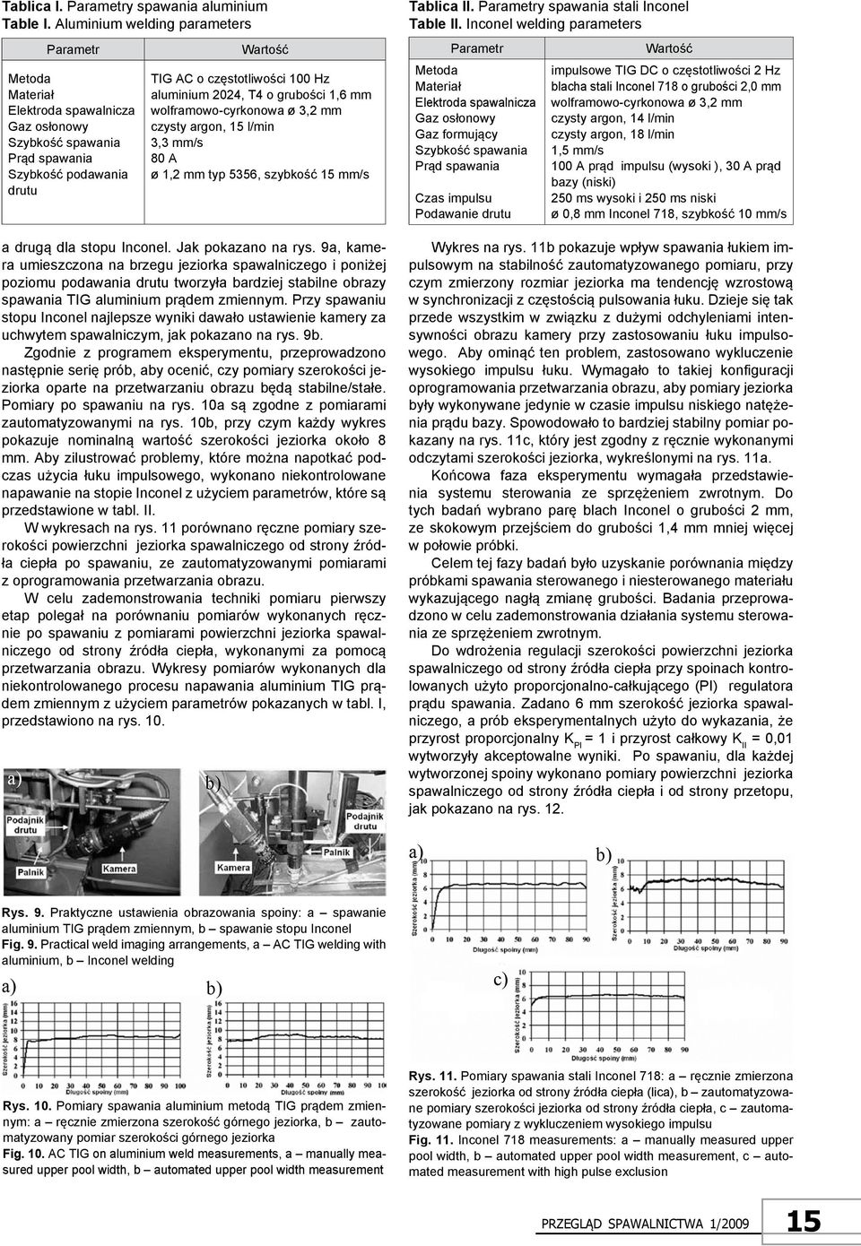 9a, kamera umieszczona na brzegu jeziorka spawalniczego i poniżej poziomu podawania drutu tworzyła bardziej stabilne obrazy spawania TIG aluminium prądem zmiennym.