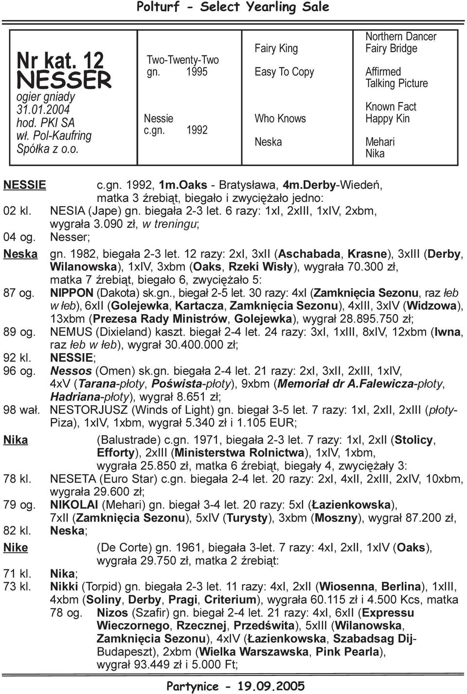 090 z³, w treningu; 04 og. Nesser; Neska gn. 1982, biega³a 2-3 let. 12 razy: 2xI, 3xII (Aschabada, Krasne), 3xIII (Derby, Wilanowska), 1xIV, 3xbm (Oaks, Rzeki Wis³y), wygra³a 70.